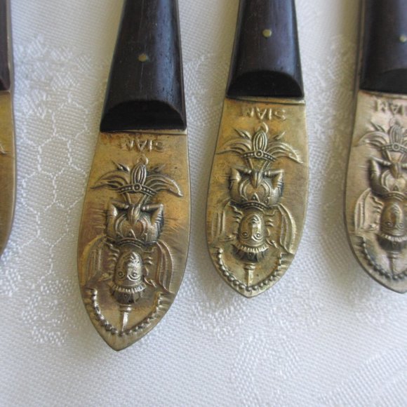 Brass / Bronze and Teak Serving Set in Box - Merry Gems  VINTAGE KNIFES  FORKS WOOD BRASS MADE IN THAILAND